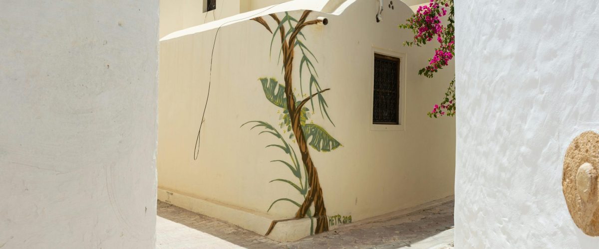Old stone decorated house with geometric architecture located on sunny street with blooming tree and passage with white concrete wall